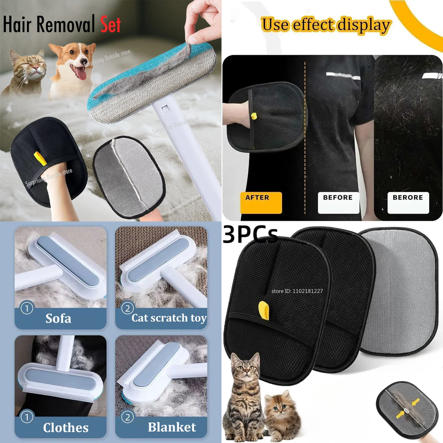 Pet Hair Removal Set Tool Reusable Static Removal Gloves Double-Sided Grooming Gloves Remove Dog Cat Fur Hair for Carpets Sofa